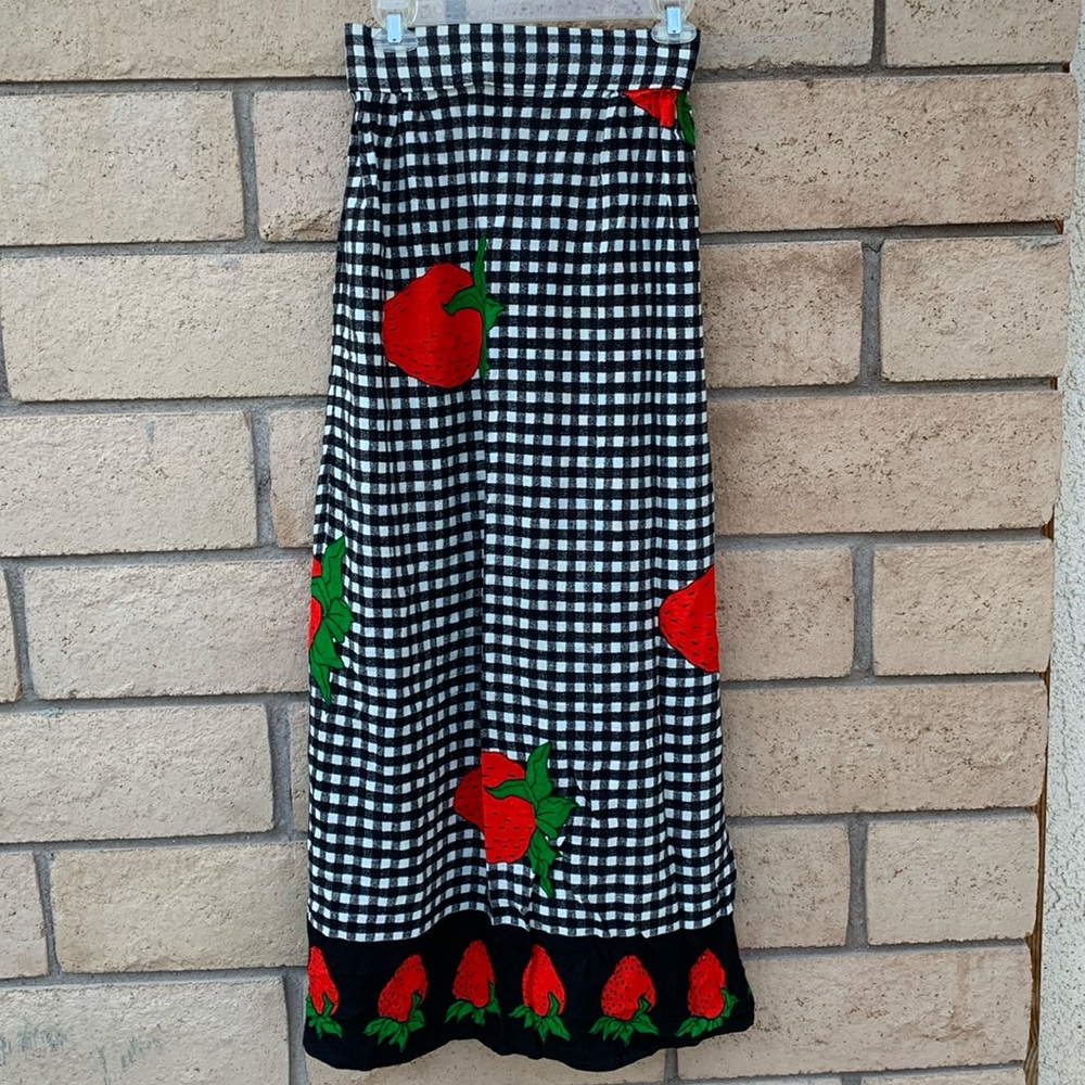 Black white checkered with strawberry strawberries maxi skirt 26 1/2” waist boho